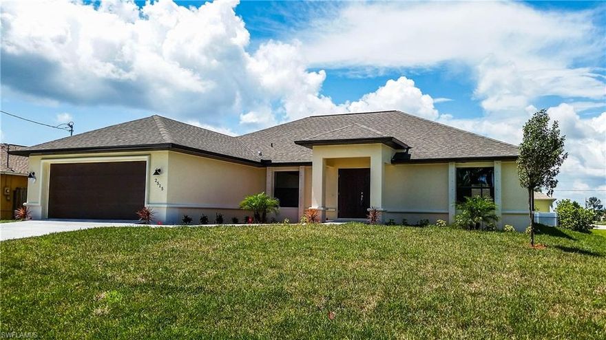 New construction now ready, don't wait! Location, style, elegance, this new construction 3 bed  home office and 2.5 bath pool home offers it all! Located on a large corner lot in beautiful SW Cape Coral, this home is surrounded by waterfront homes. The groomed lawn and tropical landscaping provide an elegant curb appeal. Once inside the double door entry, the great room is highlighted by the 10'-12' ceiling with stylish octagonal tray ceiling with back lit crown molding. The heart of the home, the kitchen, overlooks the great room and brings the rooms together with a grand island accented wood soft close cabinets, stainless steel appliance package, and granite counters. The master retreat offers space and sanctuary, again with tray ceilings. The master bath includes dual sinks and a grand walk in shower with tile accents. Den can be used as a 4th bedroom, the two guest rooms boast generous size with ample closet space and tray ceilings. The outside area offers an enormous under truss lanai and custom pool package. Low assessment balance. FULL BUILDER WARRANTY!