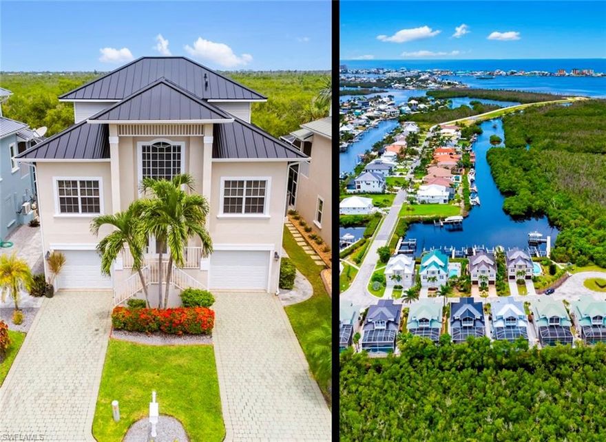 OWNER FINANCING AVAILABLE!  MOTIVATED SELLER!  The best of both worlds: minutes to the beach without island traffic, and one of the shortest boating runs to open Gulf waters in the entire region. This Key West style home delivers the Fort Myers Beach lifestyle without the congestion, bridges, and premium pricing of island property. Located in the highly desirable Old Pelican Bay area, this is a true single family home, NOT a duplex or shared wall property, offering far superior privacy, long term value, and exceptional boating access. And take note of the aggressive pricing. In fact, a very similar home directly across the street recently sold for considerably more, look it up. It only confirms that this one is a deal. Boaters will love the fact this comes with not one but TWO deeded boat slips, a rare combination for the Fort Myers Beach area. One is 40 feet long with a boat lift already in place, plus there is an additional 25 foot slip as well. The boating run to open Gulf waters is truly among the shortest in the region, making this an ideal location for serious boaters. The rear of the property is superb as well, overlooking uninterrupted scenic mangroves that provide natural views, privacy, and spectacular sunset vistas, especially from the private primary suite. The gated neighborhood is great too, exceptionally well maintained and perfect for those who put an emphasis on a low maintenance lifestyle that they can easily come and go to whenever they please, yet with modest HOA fees. This home features a two story screened pool enclosure with a heated saltwater pool and spa. The first floor offers an inviting bar and bonus space right off the pool, perfect for entertaining. The second floor features an open layout with a distinctive kitchen, large island, and wine cooler, plus a 22 foot wide balcony overlooking the pool and mangroves. The third floor is dedicated to the primary suite, complete with an impressive bathroom and a private terrace for enjoying those sunsets. A private elevator services all floors. The metal roof is brand new, the pool has been resurfaced, a high end marble pool deck has been added, and top of the line AC systems are additional perks. The Old Pelican area is rapidly becoming even more desirable, with new homes now starting at four times the cost of this home and some going even higher, but here is your opportunity to buy into this premium location for a fraction of that price. Come check this one out quickly. Be sure to view the virtual tour for larger format photos, detailed floorplans, and a great 3D walkthrough to fully explore the layout of this truly impressive home.  EASY TO SEE!