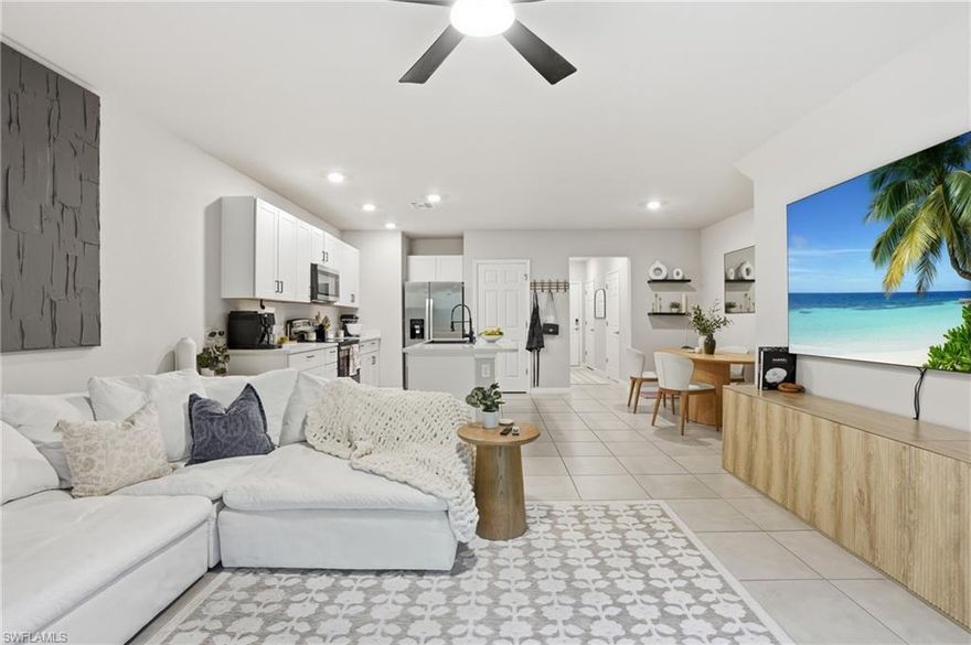 Beautifully maintained Bayside model townhome in the Meadowood community of North Naples. Located within top-rated school districts, this family-friendly gated community offers a peaceful setting, fantastic amenities, and low HOA dues. Built less than four years ago, this two-story residence features a thoughtfully designed layout perfect for both entertaining and everyday living. The first floor showcases an open-concept living and dining area, complemented by tile flooring, a convenient half bath, and extra storage tucked neatly under the stairs. The kitchen is a standout, featuring a large island with upgraded sink, faucets, and hardware, quartz countertops, stainless steel appliances, and a spacious walk-in pantry. Upstairs, a versatile loft area accompanies all three bedrooms, providing both privacy and functionality. The primary suite is filled with natural light and offers dual walk-in closets, along with an en-suite bath featuring dual sinks and a shower/tub combination. Two additional bedrooms are generously sized with ample closet space and natural light. Enjoy indoor-outdoor living with a screened-in patio perfect for grilling and relaxing, plus a private landscaped backyard with lush greenery and a privacy wall. Additional highlights include a one-car garage, built-in IQ panel security system, and a private entryway that enhances the home’s sense of seclusion. All of this just minutes from Founders Square, dining, grocery stores, and coffee shops—and a short drive to Vanderbilt Beach, Mercato, and I-75. Meadowood offers the ideal combination of low fees, privacy, and a welcoming community atmosphere.