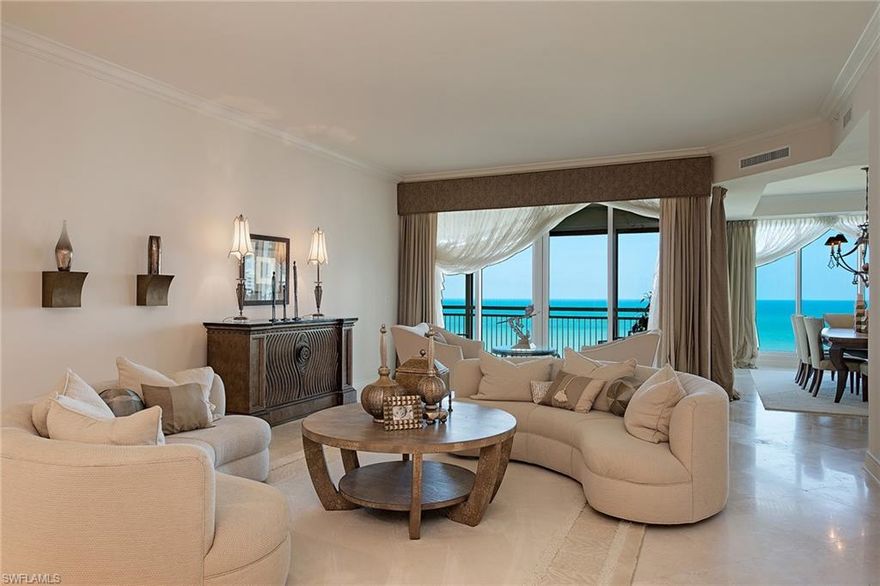 Immediate gratification! The Gulf shimmers straight ahead as you enter this four bedroom corner residence. Venetian Bay and city views add a variety of vistas day and night. This residence is perfect for gathering family and friends. It includes two screened and shuttered lanais for outdoor entertaining in addition to the spacious main living room and dining room as well as an open kitchen with casual dining and a family room. The lovely soft neutral finishes and details throughout are timeless and provide the perfect backdrop for any decor. Provence is perfectly located across from Venetian Village with dining, shopping and a marina for boat, kayak and paddleboard rentals. This premier beachfront building offers an array of luxurious amenities including a recently renovated social room, fitness center, beachside pool and spa and two guest suites. Two pets allowed, no pound limit.