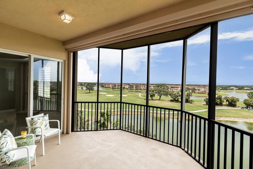 Exquisite 5th floor condo with elevator, incredible million dollar view, 2 En-suite Bedrooms+ large Den, 2 Full baths, 2 Deeded parking spaces and plenty of guest parking! The open, versatile and split bedroom floor plan features 18" diagonal tile flooring in main living areas, hardwood floors in master & den, Plantation Shutters, all new lighting/fans, Granite kitchen w/new stainless steel appliances (including stove with built in Air Fryer/ convection) quartz sink, instant hot water, and pantry. Impact resistant windows and abundant natural lighting. Enjoy coffee or a cocktail on the oversized lanai with a serene, panoramic view of the golf course, lakes and fountains. Storm Smart Hurricane screen also included. The Remodeled Clubhouse has a resort style pool with 3 separate waterfalls, a gym, and onsite property manager & is just steps away. Vineyards Club Membership is OPTIONAL with multiple social/golf memberships available. This luxury condo feels like a million bucks without the price tag! Minutes from beaches, 75, shops & restaurants. Don't miss out on this upscale condo located in one of the best Communities in Naples.  Additional professional photos coming soon.