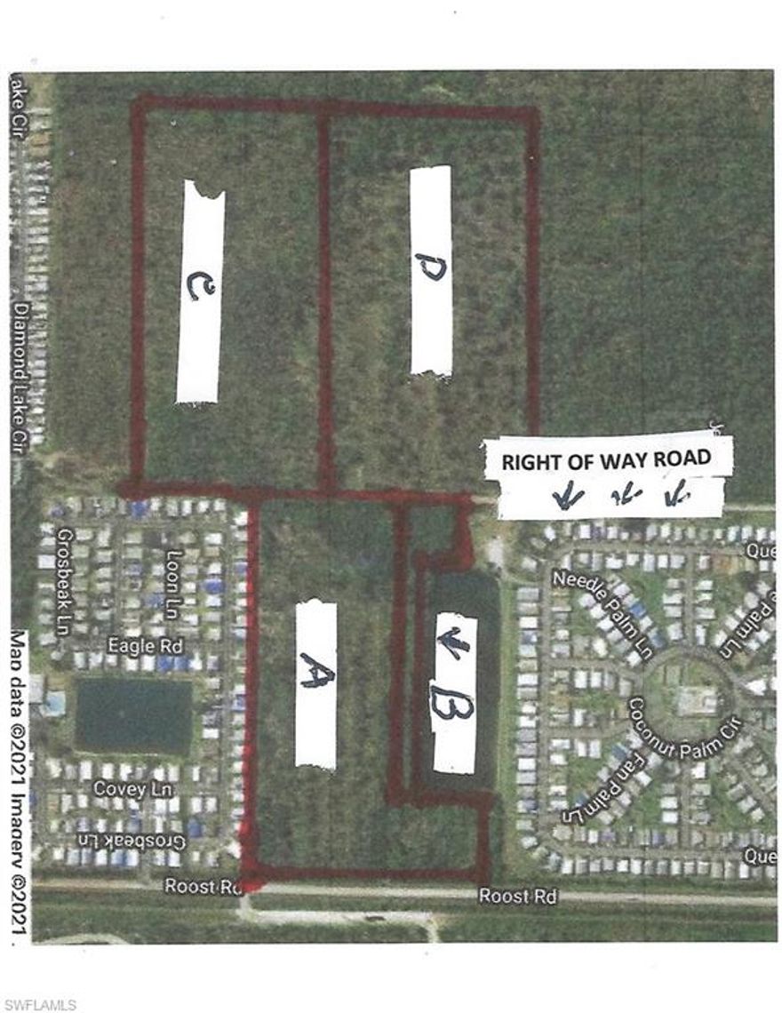 1400 Manatee Road is a Right of Way and 6065 Roost Road has a land bridge to the land. There are four deeds for a total of 61.14 acres. Just two miles from the intersection of Collier Blvd. and Rt. 41 East where there are grocery stores, CVS, Walmart, and restaurants. Gulf courses are within four miles of Marco Island. Boating and fishing are nearby as well as beautiful Public beaches. Schools are within half-mile walking distance on back roads. In 2016 all of the 61.14 was clear cut of trees eliminating some of the cost of site prem.