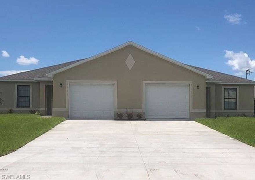 Location, location, location. Well maintained duplex with two units, each offering 3 bedrooms, 2 bathrooms, and a one car garage, located in an upscale SW Cape Coral neighborhood on an excellent block. Close to top rated schools, shopping, dining, and health care. Plenty of parking across the street for guests or a work vehicle. Features include tile flooring, granite countertops, wood cabinetry, volume ceilings, ceiling fans, bright kitchens with breakfast bars, tiled showers, storm shutters, and a fenced backyard. Ideal for investors or owner occupants.