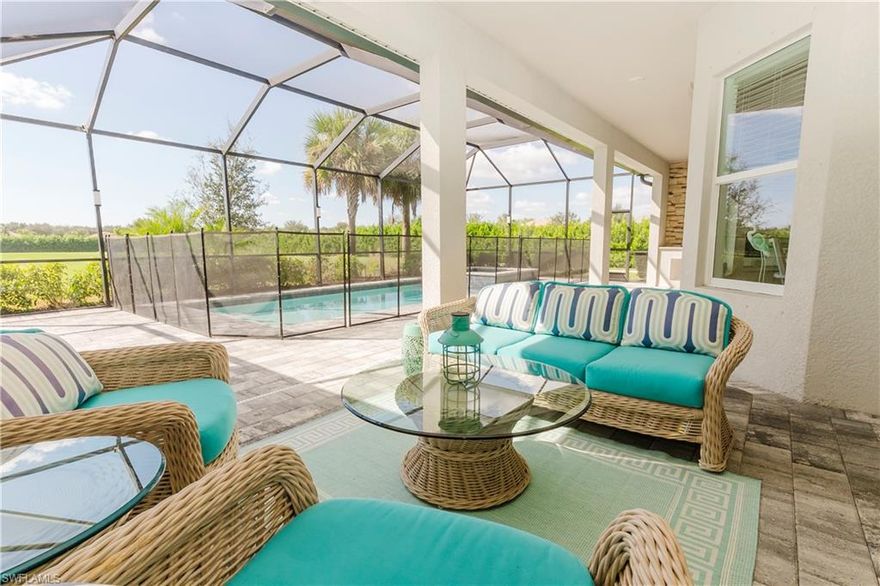 This stunning Bougainvillea model home offers a spacious, open-concept design with 3 bedrooms + den and 3 full bathrooms, providing plenty of room for both comfortable living and entertaining. Located in the prestigious National Golf & Country Club. As you step inside, you'll immediately be impressed by the abundance of natural light and high ceilings, creating a bright and airy atmosphere. The chef-inspired kitchen is equipped with stainless steel appliances, quartz countertops, and a large center island, perfect for preparing meals or entertaining guests. The kitchen flows seamlessly into the dining and living areas, creating an ideal space for gatherings. The generous master suite features a large walk-in closet and an en-suite bath with dual vanities, a soaking tub, and a walk-in shower, offering a luxurious retreat at the end of each day. Two additional bedrooms provide plenty of space for family or guests, each with easy access to the two remaining full bathrooms, ensuring everyone’s comfort and privacy. Step outside and enjoy the private screened-in lanai with a heated pool and spa, perfect for relaxing or hosting friends while soaking in the Florida sunshine. The golf course views and tranquil setting make this outdoor space an absolute highlight. Living at The National Golf & Country Club offers world-class amenities, including golf, tennis, pickleball, a state-of-the-art fitness center, resort-style pool, and a spa. Located in the vibrant community of Ave Maria, this home is also conveniently close to shopping, dining, and local attractions. This is more than just a home, it's a lifestyle. Don’t miss your opportunity to experience everything Ave Maria and The National Golf & Country Club have to offer!