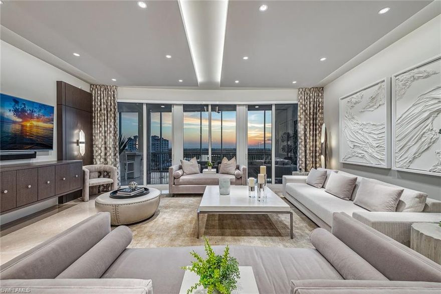 We are excited to introduce you to this exquisite residence in Aqua. This eighth-floor, three-bedroom plus den, 3 ½-half-bath, 3,940 square feet of luxurious living space has breathtaking views of the Gulf to the west and lush green views of the newly constructed Kinsale Golf Course to the east is unique in many ways. This Renee Gaddis meticulously designed residence offers an unparalleled level of luxury and elegance. No expense was spared in bringing in the finest design to afford comfort and sophistication. Enter from your private elevator and be ready to be impressed by the expanse and view of the Gulf and Wiggins Pass. The seamless flow of this residence reflects today's lifestyle. The designer spacious kitchen and wet bar has beautiful quartz countertops, top of the top-of-the-line appliances and can rightfully be called a chef’s delight. The thoughtfully designed primary suite has spectacular views of the Gulf and includes dual custom-designed closets, a spacious luxurious bath and access to the lanai. You will enjoy the privacy yet natural light of the glass-enclosed office/den offering ample space for relaxation or work. Two spacious guest bedrooms with en suites provide privacy and comfort for your family or friends. The terrace is an outdoor paradise where you can savor breathtaking sunsets, dine alfresco, or simply unwind while listening to the ocean. This home is dripping with style and finesse.  Crafted with uncompromising attention to detail, this residence was designed for the most discerning tastes. Aqua is amenity-rich including on-site concierge service, library, two spacious social rooms for casual or elegant entertaining, fitness center, spa treatment rooms, steam and dry saunas, ninth-floor level sky lounge, dog runs, large pool and a private marina. You will not be disappointed!