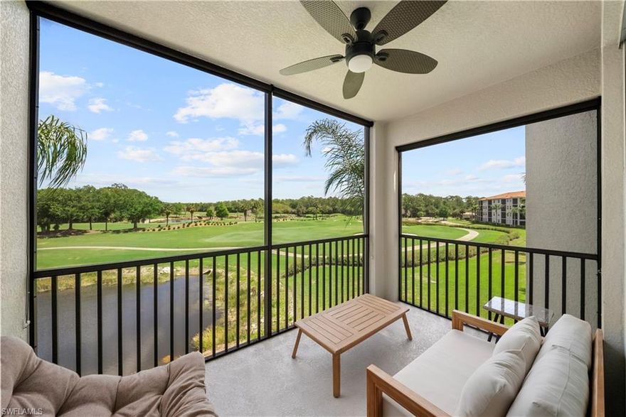 This 3rd floor "Brookside" model condo features an incredible view of multiple holes of golf, water, & preserve; offered fully TURNKEY and move-in ready, with a FULL golf membership to Heritage Bay- the only 27 hole bundled golf community in Naples (never closes for maintenance!). The A/C, water heater, and washer/dryer are all NEW as well! Enjoy hurricane IMPACT windows & sliders throughout, along with other additions including frameless glass shower door, updated window coverings, newer fans and fixtures, large diagonal tile & stainless appliances. Heritage Bay features a stunning 27-hole Lewis-Azinger designed golf course and aqua driving range. The grand clubhouse offers diverse dining options, elegant event spaces, and a lively social scene. Have a bite to eat in The Grille Room- a casual indoor/outdoor bar & dining area, with an incredible southern view of the 27th green. Enjoy reciprocal play with 50+ clubs from May 1-October 30. Members can also enjoy a resort-style pool area with heated spa & 'The Cabana' poolside bar & grille with a full service kitchen. The community also includes a top-notch tennis program with 6 har-tru clay courts, 6 pickleball courts, bocce, and a state-of-the-art fitness center. With a calendar full of events and activities, Heritage Bay ensures a vibrant and luxurious lifestyle for its members. Whether you're a golf enthusiast or simply looking for serene views and luxury living, Heritage Bay offers it all.