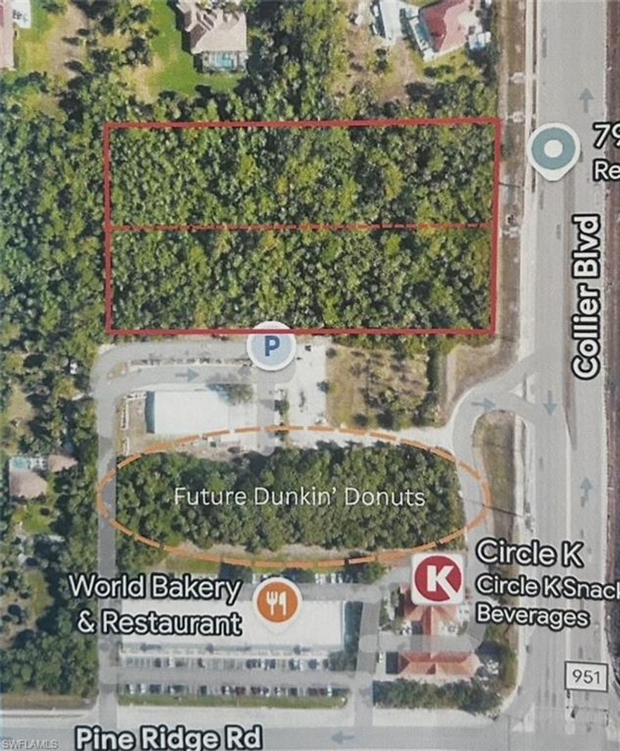 Grand opportunity for investors, residential with ability to turn into commercial 2.36 acres of vacant land located on Collier Blvd near Pine Ridge Rd Naples, Florida, one of the busiest roads in Naples, The site sits next to existing gas station and a planned, Dunkin Donuts, further strengthening the commercial appeal. An adjacent lot under same ownership is also available creating the opportunity to assemble 4.74 acres for a larger development, Strong visibility and high traffic corridors.