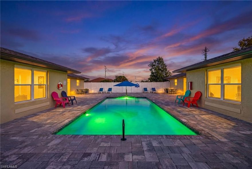 Beautiful Fourplex in Cape Coral, Great Investment Opportunity, close to downtown, shops and restaurants. All assessments PAID. New heated swimming pool. Newer roof from 2018. All new windows. Property is a vacation rental. All 4 units are furnished with laundry inside each unit. All units completely remodeled, new bathrooms, kitchen, granite countertops and tile floors. Equipped with all kitchen utensils, pots and pans, linen, towels, etc. BBQ for each unit. Nice pergola with TV in the back yard. Private fence around the property with private access via lock with a code. All units have smart locks. Owner have a superhost status in AirBnb and many 5 star reviews.
 All FL State and County vacation rental rental licenses in place. Schedule your showing today. Do not miss this Investment Opportunity !!