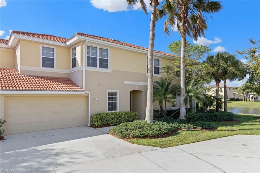 Enjoy stunning lake views from this beautiful first floor condominium in Hidden Links of Gateway! This condo features 2 bedrooms plus a den, 2 bathrooms, eat-in kitchen and breakfast bar with tile and carpet flooring throughout the unit. Living on the cul-de-sac is a huge plus for parking in addition, you have an attached 2 car attached garage. The master bedroom features a separate tub and shower with dual sinks. You will enjoy amazing sunsets from the western facing screened lanai. The condo is nice & clean, with a newer A/C unit that was replaced in 2016. Hidden Links in Gateway is located just minutes from the Southwest Florida International Airport and offers easy access to I-75. Call to schedule your tour today!