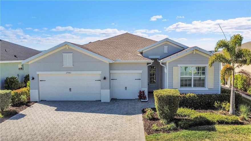 NEED A 3-CAR GARAGE? This contemporary lake view home has 4 bedrooms, 3 full baths, and a garage spacious enough for two cars, a golf cart, and extra storage. A well-designed floor plan is anchored by an island kitchen that opens into the great room, with an adjoining versatile space for dining, an office, or den. The primary bedroom features an expansive bath and ginormous walk-in closet; another bedroom is a guest suite with its own private bath. Durable floor tile throughout, smart home features, fiber-optic wi-fi, and an epoxy garage floor add to the home’s functionality. The natural gas range, dryer, and tankless water heater save on utilities, while impact windows and doors offer peace of mind. Affordability is key: HOA fees are low, and no flood insurance is required. This home is better than new, with fresh neutral paint and lighting installed—and no construction dust or debris to deal with.
 
Babcock Ranch was named Money Magazine’s “Top 50 Best Places to Live” for its small town atmosphere, natural beauty, and family-focused lifestyle. K-12 schools feature a sports complex, football and baseball fields, and a skate park. Healthy living abounds with health/urgent care centers, miles of walking/biking trails, tennis and pickleball courts, and playgrounds. The community is pet friendly, with no approval needed. Residents enjoy multiple resort-style pools and an active social calendar of music and arts events, weekly farmer's market with food trucks, and wellness programs. Drive your golf cart anywhere in town, with the convenience of Publix, eateries such as Panera Bread and Starbuck’s, and shops including Home Goods, Marshalls and Ace Hardware. It’s an easy drive to downtown Fort Myers, Cape Coral, and Punta Gorda. You will love living here!