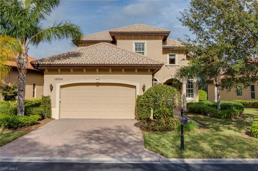 MOTIVATED SELLERS have reduced price to SELL!!! BRING AN OFFER!!! BEAUTIFUL LAKEFRONT POOL HOME IN GRANDEZZA! 4 BR+DEN (or Formal Dining)/3.5 BA/2 Car garage Sicily open floorplan is loaded with custom upgrades throughout. Two-story home in Savona is perfect for entertaining year-round; Relax by the pool, grill & dine on the lanai, or enjoy the great room with its stunning lake view. An elegant kitchen featuring raised panel wood cabinets w/ pullout drawers, new GE stainless appliances & complimenting backsplash & granite countertops. A FIRST FLOOR Master Suite w/ his/her walk-in closets, tray ceiling & ensuite master bath w/ dual sink/vanities, large walk-in shower, elegant tilework & soaking tub. Summer kitchen & heated pool & spa overlook the spectacular scene of lake w/ lighted fountain. Grandezza has a 53,000 square foot clubhouse and 18-hole Darwin Sharpe III-designed championship golf course. Not a golfer? The club offers a wealth of amenities including a fitness center, a junior size Olympic pool with a cabana, bocce ball courts, tennis courts, & restaurant. Germain Arena and Miromar Outlets w/in minutes of main gate. No mandatory golf membership. See virtual tour.