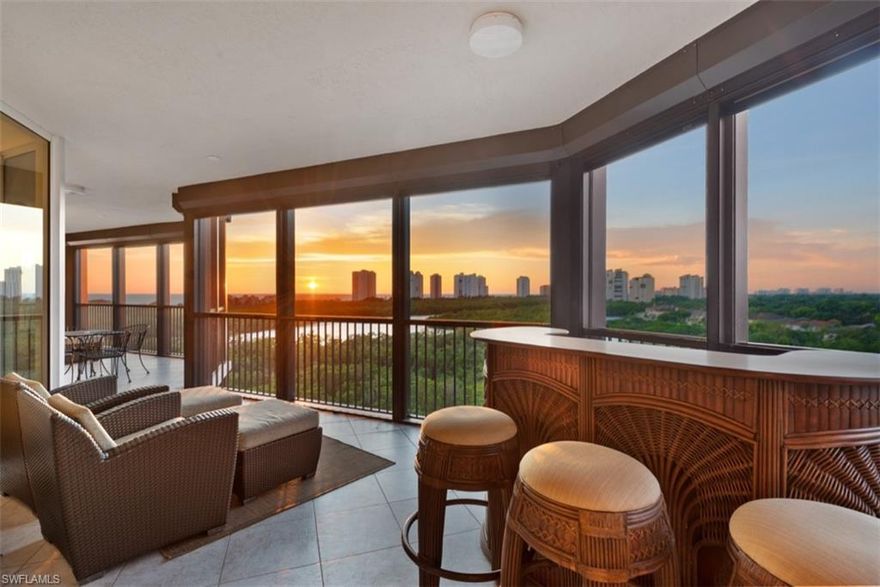 Awe-inspiring panoramic views of the Gulf and Pelican Bay Preserve create the perfect backdrop for sunset entertaining in this highly sought Montenero residence.  Without high-rise neighbors to the North, this end-unit also has fantastic uninterrupted views up the coast from an expansive 46-ft lanai.  A second balcony, accessible from guest bedrooms, showcases even more tremendous views.  A private elevator opens directly to the residence revealing a generous layout with 3-bedrooms, 3½ baths plus a study with built-ins and trundle bed so it can be utilized as a 4th bedroom.  Exquisite finishes include marble flooring, custom millwork, cork flooring in bedrooms, a zen wall and custom master closet.  The home is equipped with Lutron lighting controls, automated shades, 2 upgraded ACs, and 2 under-building secured parking spaces.  Montenero is enviably located within Pelican Bay next to the boardwalk and offers amenities such as a pool/spa area, club/banquet room, fitness center, theater, bbq, 24-hour front desk security, 4 guest suites, and a tram stop at the west entrance.  Pelican Bay residents enjoy private beach access, beach club, restaurants, and more!