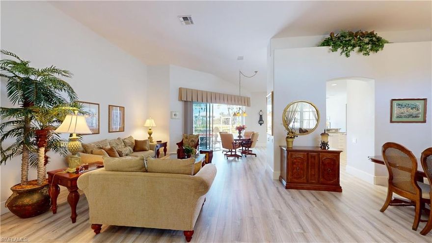 Welcome to this beautifully renovated 3-bedroom + den, 2.5-bath “Modified Catalina” residence, ideally located in the highly desirable Golf Village at Lexington Country Club. Enjoy bundled golf and an exceptional Florida lifestyle just minutes from Sanibel Island and Fort Myers Beach. Perfectly positioned on the 3rd fairway, this home offers both privacy and scenic golf course views. The spacious layout features two separate living areas and two dining areas, plus additional seating at the kitchen bar—ideal for entertaining family and guests. The completely remodeled kitchen showcases new cabinetry, elegant quartz countertops, and updated appliances. A thoughtfully designed pocket door creates a private guest wing with two bedrooms and a beautifully updated bathroom. The primary suite includes direct lanai access and a fully renovated bathroom with new cabinetry, quartz countertops, and modern fixtures. Throughout the home, you’ll find luxury vinyl tile flooring, with tile in the full bathrooms for durability and style. A custom built-in entertainment center includes integrated speakers, extending both indoors and onto the screened lanai for seamless indoor-outdoor living. Step outside through sliding glass doors from the primary bedroom, living room, and family room to a large screened lanai, complete with a well-maintained in-ground hot tub, built-in cabinets, and a sink—perfect for relaxing or entertaining. A generously sized laundry room features a washer and dryer, extensive built-in cabinetry for extra storage, and accommodates a chest freezer—adding both convenience and functionality. A 2 ½ car garage provides convenience with a side door and additional storage in cabinets with a sink. There is also an electric hurricane screen at the garage door. In addition, the AC unit and water heater were replaced in 2022. For added peace of mind, the home is equipped with hurricane shutters on all windows and the lanai. Residents of Lexington Country Club enjoy an active, resort-style lifestyle with an 18-hole championship golf course, 12 lighted tennis courts (including dedicated pickleball courts), six heated swimming pools, a fully equipped fitness center with group classes, three bocce courts, a lending library, tiki bar and restaurant, clubhouse dining, a private beach area, and beautifully maintained grounds—all within a gated community with 24-hour security. Ideally located just minutes from beaches, shopping, dining, medical facilities, and Southwest Florida International Airport (RSW), this home offers the perfect combination of luxury, convenience, and vibrant community living. Be sure to view the virtual tour—either enjoy the guided experience or explore each room at your own pace. This is a rare opportunity to own a beautiful home in one of Southwest Florida’s most sought-after bundled golf communities.