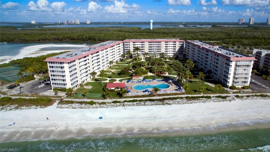 Enjoy the  panoramic Gulf view from your fourth floor unit just steps away from the Gulf and relax in the largest pool on the beach. This two bedroom two bath unit has a newly remodeled kitchen and features the best price of any two bedroom unit in the Bonita Beach Club. Located on 6.71 Acres of Lush Tropical landscape on the beach at Big Hickory Pass it's surrounded by water on three sides with no traffic noise, just surf and seagulls. Amazing Restaurants and shopping are located nearby. Seasonal renters provide a good income stream for this property. Motivated owner...show and sell this great unit before its gone.