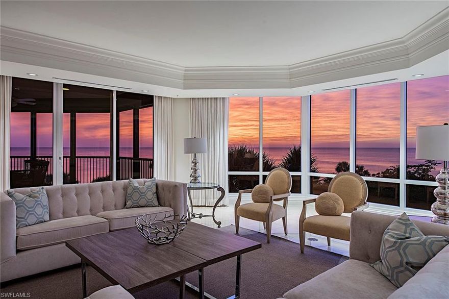 Step out of your private elevator into a world-class residence with absolutely breathtaking views of the Gulf of Mexico. Located within the private, brick-paved streets of Bay Colony, The Windsor represents the utmost in luxurious beachfront living. Featuring 6,085 square feet of living space, this third floor location has floor-to-ceiling glass walls, stone and carpeted floors, plantation shutters, fireplace and expansive screened terraces that overlook the sandy beaches and palm trees.  The expansive owner’s suite has an adjacent exercise room, morning bar, his/hers marble baths and oversized closets.  Three additional large guest suites provide the ultimate in privacy and luxury accommodations.  Enjoy awe-inspiring sunsets from all of the central living spaces including the spacious gourmet kitchen.  Located adjacent to the Bay Colony Beach & Tennis Club, and just a short beach stroll away from the renowned Ritz Carlton.