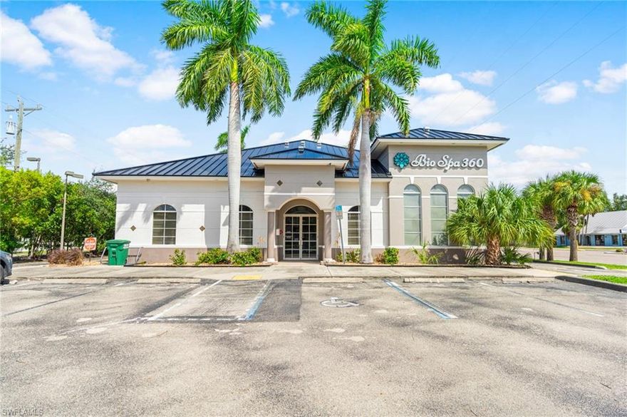 For LEASE or SALE, Over 240 ft of frontage on high traffic Del Prado Blvd in Cape Coral Florida, fully equipped and beautifully decorated, turn-key medical spa with a large reception area, 6 offices, bathrooms, storage, ample parking spaces and a drive-thru feature. Previously a bank building and pharmacy, brand new roof in 2023, this building would also easily repurpose for retail with a drive-thru feature.Call for full details. Francais parle, Deutsch gesprochen.