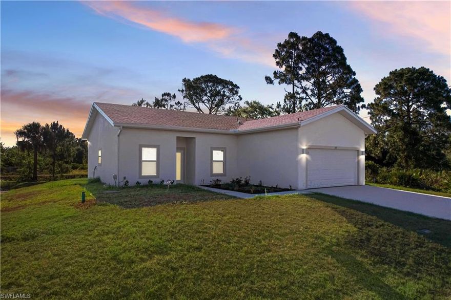 Brand-new construction with canal views, 10’ ceilings, and turn-key income potential. Active short-term rental currently operating and guest
ready. This 3 bedroom + den/office, 2 bath home offers 1,461 SF under air (2,117 SF total) with an open great room and sleek tile flooring
throughout. Contemporary kitchen with stainless steel appliances. Outside, a new pool is being finished—buyer to verify permits/scope/timeline
—creating a private outdoor oasis off the covered lanai overlooking the canal. Oversized garage, washer & dryer included, and brand-new
furnishings available via separate bill of sale. Flexible use for investors or owner-occupants in fast-growing Lehigh Acres. Tour today!