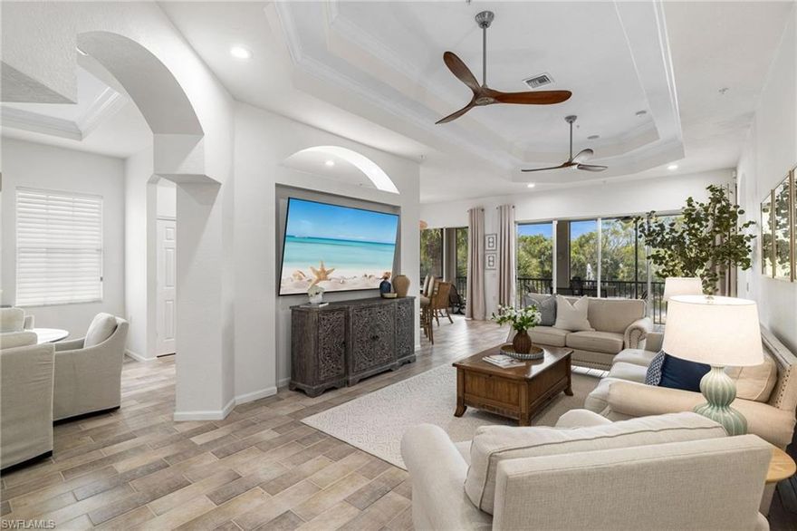 This beautifully renovated condo offers 3 bedroom plus den in the exclusive gated community of Miromar Lakes Beach and Golf Club. This stunning residence features brand new flooring and beautifully updated counter tops throughout, creating a fresh modern feel. The open concept layout is perfect for both everyday living and entertaining, this south facing condo offers an abundant of natural light, come enjoy resort style living with world class amenities. Miromar features 700 acres of fresh-water lakes, with boating, fishing, swimming, water skiing, 3 miles of sand beaches, Caribbean style beach grill, club house, full-service country club for evening dinning, pool, full-service spa, fitness center, golf, tennis, pickleball, volleyball, basketball, bocce, two marinas, boat rentals and many other luxurious amenities