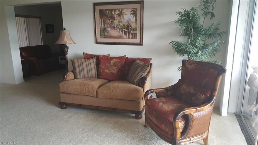 ROYAL WOOD GOLF CLUB  Super clean 2BR with DEN, 2 Baths 3rd floor unit with elevator. Lanai has southern exposure and overlooks lake and golf course. Cathedral ceilings, large laundry room, covered parking.  This bright and sunny condo is  being sold turnkey furnished with Tommy Bahama furnishings.  Steps to heated pool, spa, tennis, bocce and putting green.  Royal Wood is one of the most affordable bundled golf clubs in Naples.  On site restaurant, library, card room and fitness center.  The club offers many social activities throughout the year. Short drive to 5th Ave. shopping and the Gulf of Mexico. Winter is coming!