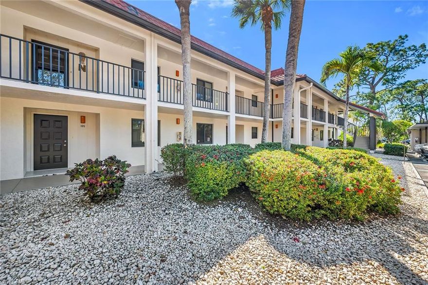 Perfectly positioned within the desirable community of Pepperwood and lovingly maintained by its original owner, this beautifully updated residence enjoys coveted southern exposure and tranquil garden views, creating a light-filled and inviting atmosphere. Thoughtfully renovated and impeccably maintained, this two-bedroom, two-bath condominium offers an excellent Naples location paired with comfortable indoor-outdoor living. Whether you are seeking a seasonal retreat, investment opportunity, or full-time residence, this property presents exceptional value in a serene yet convenient setting.  A screened lanai with tiled flooring and a ceiling fan provides covered outdoor living space overlooking lush, peaceful garden views—ideal for morning coffee or relaxing afternoons. Impact sliding doors and windows offer storm protection and added peace of mind. The residence includes one assigned carport space and extra storage for added convenience. Inside, porcelain tile flooring flows seamlessly throughout the main living areas and bathrooms, enhancing both durability and style. The updated kitchen is bright and functional, featuring white cabinetry, granite countertops, a tile backsplash, recessed lighting, and a window above the sink that welcomes natural light. White Whirlpool appliances—including a range, dishwasher, microwave, and refrigerator with icemaker complement the space, along with a breakfast counter and pantry for additional storage. The adjoining living and dining areas are open and comfortable, with direct access to the lanai for effortless indoor-outdoor living. The primary bedroom enjoys serene garden views and offers a walk-in closet for generous storage. The ensuite bath features a granite vanity with a full-width mirror and a floor-to-ceiling tiled walk-in shower with a glass enclosure. The guest bedroom includes a ceiling fan and is conveniently located adjacent to a full bath with a shower-tub combination, providing comfort and privacy for visitors. A dedicated laundry room with overhead shelving, a washer, and a dryer adds everyday convenience. Ideally located just minutes from downtown Naples, Fifth Avenue South shopping and dining, and the stunning white sugar-sand beaches along the Gulf, this Pepperwood residence combines updated finishes, southern exposure, and a prime location for effortless Southwest Florida living. Nestled within a quiet, charming neighborhood designed in a circular layout ideal for morning strolls and evening walks, Pepperwood offers a community pool just a short distance from the unit, enhancing the ease and enjoyment of everyday living. Just minutes from downtown Naples, Fifth Avenue South shopping and dining, and the stunning white sugar-sand beaches along the Gulf, this residence combines updated finishes and an exceptional setting for effortless Southwest Florida living.