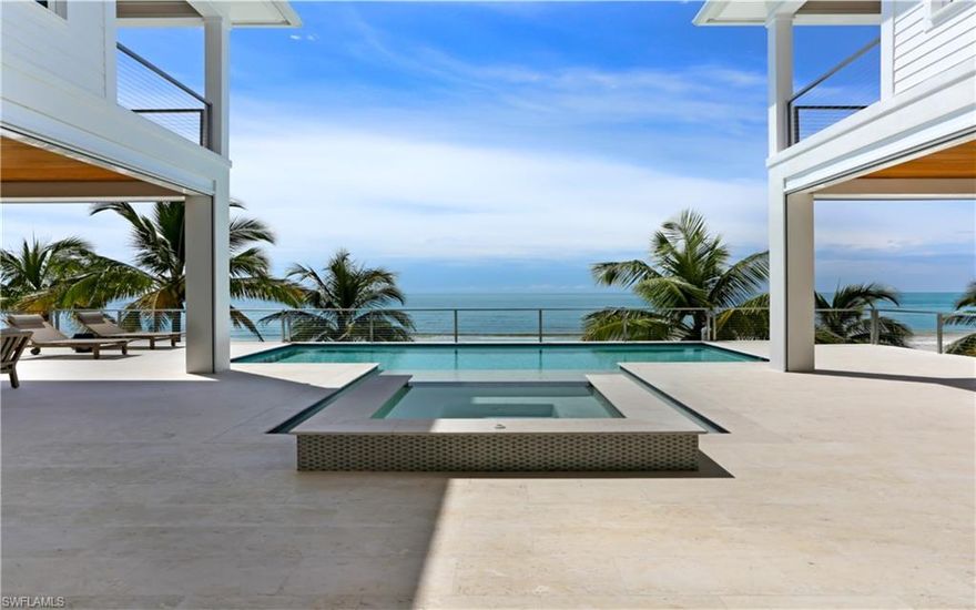 Paradise awaits: Announcing the finest home available on Estero Island. This NEWLY-CONSTRUCTED direct beachfront estate is a showcase of visionary design with panoramic Gulf & Beach views, all the way down the coast from Naples to Sanibel. Lounge on your beachfront entertainment deck, the largest pool deck you might find on all Estero & Little Hickory Island, with outdoor kitchen, fireplace & infinity edge pool & spa, graced by Southwestern exposure for year-round sunsets & optimal sun on the pool. Be the first to live in this designer-furnished, coastal contemporary 5-bed + bonus room estate with a cool beachy color palette, soaring ceilings with wood-beam ceiling accents, all hardwood/tile floors (no carpet) & chef’s kitchen with white cabinetry, professional appliances plus walk-in wet bar. Fantastic open floor plan with dual master suites, bonus cloud room & huge garage for 6+ cars. State-of-the-art features: Automatically-opening & fully-pocketing sliders for seamless indoor/outdoor beachfront living, hurricane impact glass, electric shutters, Lutron lighting system, elevator & more. Perfectly-located steps to waterfront dining with easy access to Lovers Key & Bonita Beach.