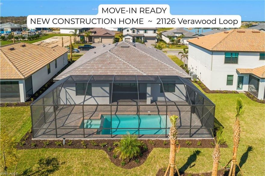 BRAND NEW WITH POOL, SPA AND WATER VIEWS! Welcome to 21126 Verawood Loop in Verdana Village — a move-in ready home with UPGRADES, water views, southeast exposure, and a private pool and spa provide the perfect opportunity to begin living the Southwest Florida lifestyle without the wait to build!

This popular Summerville floor plan features an open-concept design with a spacious great room, dining area, and beautifully appointed kitchen ideal for everyday living and entertaining. The kitchen showcases bright white cabinetry, quartz countertops, an oversized island, walk-in pantry, stylish backsplash, pendant lighting, and over/under cabinet lighting for both function and ambiance.

The primary suite offers peaceful water views and includes large his-and-hers walk-in closets and a well-appointed, spa-like bath. Additional highlights include a den with French doors, double-door front entry, upgraded lighting fixtures and ceiling fans throughout, and added cabinetry in the laundry room for extra storage.

Step outside to enjoy the screened lanai with an inground pool and spa overlooking the water — perfectly positioned with desirable southeast exposure for bright mornings and comfortable afternoons.

Located in Verdana Village, residents enjoy a vibrant, amenity-rich lifestyle with resort-style pools, fitness center, indoor sports complex, pickleball, tennis, dining, and an active social calendar. Conveniently close to shopping, dining, and everyday essentials, this home offers the ideal opportunity to own a brand-new residence in one of Estero’s most sought-after communities.