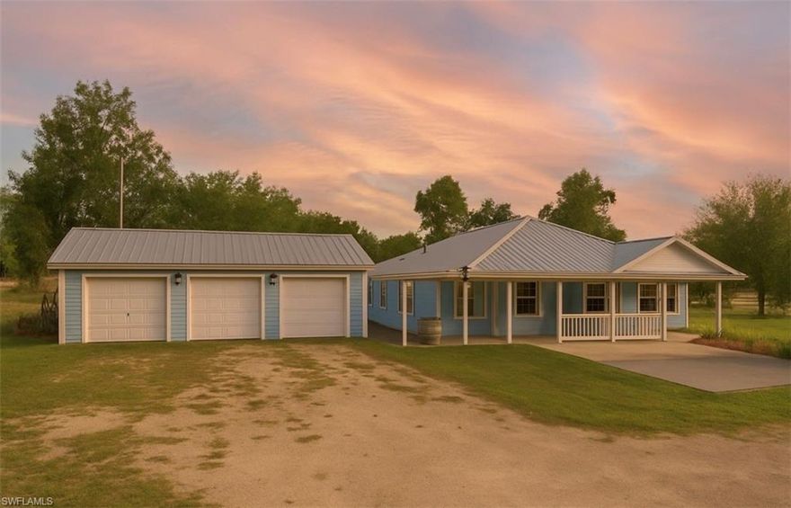 Extremely motivated seller—don’t miss this opportunity! Fresh interior paint coming soon to enhance the home’s appeal. This Key West–style charmer sits on 1.86 acres in LaBelle’s desirable Fort Denaud Acres. Offering 2,083 sq. ft. of living space (including a 457 sq. ft. bonus room), plus a 3-car detached garage with endless possibilities. The fully fenced backyard features two sheds, majestic oaks, and gated access on both sides—plenty of room for a guest house, pool, or workshop. Located in Flood Zone X—NO FLOOD INSURANCE REQUIRED!! Enjoy small-town charm with modern convenience—just minutes from the Caloosahatchee River, outdoor recreation, and a short, scenic drive to Fort Myers.