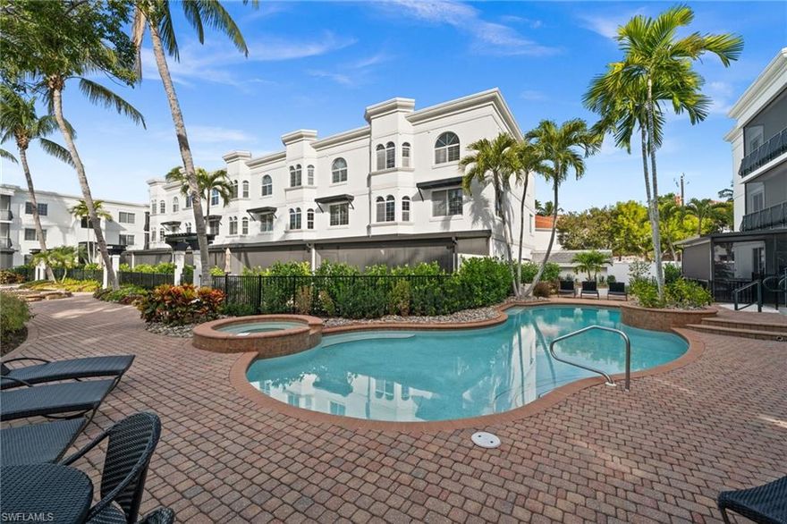 RARE OPPORTUNITY - Live the best of the downtown Naples lifestyle in this large townhome that is one quiet block from best dining and shopping located on Fifth Avenue South, and only four blocks to the world famous white sugar sand Naples Beach. Spend the day at the beach soaking in the sun, come home and clean up and decide whether you are eating at Del Mar, Le Colonial, Tulia Steak, Molto or any other of the restaurants that are only a block away. Everyday is vacation when you live here. All of this while the property is high and dry because it located out of any flood zone. The Lantana development has gone through a mult-million dollar renovation which has already been completed and paid for by the owner.  The renovation included a NEW ROOF, permanent structure for the lanai that includes a metal roof.  New exterior gate with advanced entry system, exterior paint and pergolas which makes the property look like it was just built.

This furnished three bedroom plus den and 3 and ½ bath with attached 2+ car garage which will hold two cars plus a golf cart. All three levels of the house are accessible by the in unit private elevator. The residents get to enjoy the two southern exposure pools within the private community courtyard. The home is immaculately kept and has the ability to adapt to your living needs. The unit has great natural light throughout and accentuated with three levels of modern wood and metal cable stair rail. Right off the kitchen is an oversized private lanai that allows for a wonderful indoor/outdoor flow. Outside of the of the lanai is a spot for a private grill. The first floor has a great room with a section having a two story high ceiling. The kitchen is a clean and modern white with Kitchen Aid and Jenn Air appliances and a renovated powder room. The second level has an oversized office and a large family room and bathroom. On level three you have two oversized guest bedrooms beautifully furnished and decorated in bright beach colors and rich engineered wood. The extra large primary suite also has engineered wood and features an enormous walk in closet and a tranquil primary bathroom featuring a separate soaker tub.