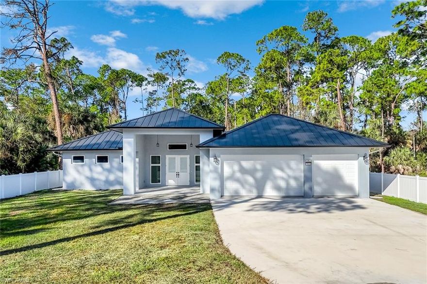 QUIET LIVING AT ITS FINEST!  This impeccable new build featuring 4 spacious bedrooms plus spacious den / 3 bath home all nestled in a quiet setting, perfectly designed for unwinding. This bright home offers a low maintenace, tanquil oasis with easy acceess to downtown Naples and only 15 mins to Collier / 75.  Enjoy your private fence in yard, metal roof, impact windows, all new kitchen appliances, window treatment, 3 CAR-GARAGE, and more.  Come enjoy sipping coffee to the sound of birdsong.  Your peaceful new chapter begins here-schedule a viewing today!
