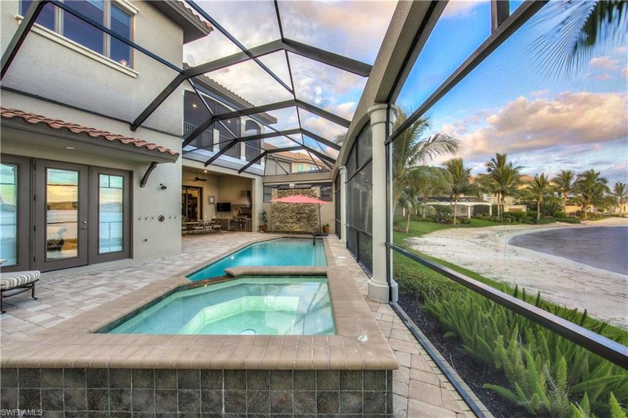 Get ready to live beachfront in this gorgeous custom built, Divco home located in the prestigious Costa Amalfi neighborhood at the award-winning Miromar Lakes Beach & Golf Club. This 5 bedroom + Den, 7 bathroom (5 full & 2 half) home spans over 4,300 sqft of living space with great room, formal dining with wrap around beach view, private elevator, 2.5 car garage, spiral staircase, office and large upstairs loft overlooking the tranquil Miromar lakes. The home is truly perfect for entertaining family and friends while offering private en suites for everyone’s enjoyment. The first floor master suite has private access to the gorgeous lanai, pool and expansive water and beach views.  You will enjoy many evenings entertaining on your large lanai featuring a poolside, outdoor kitchen and spectacular water feature. For the gourmet in the family, you will not be disappointed with the high end appliances and an open kitchen for your next party. Miromar Lakes has so much to offer with 700 acres of freshwater lakes, in-lake swimming, boating, water-skiing, fishing, and 3 miles of private beach. Enjoy this home and all the amenities at the #1 community in the United States.