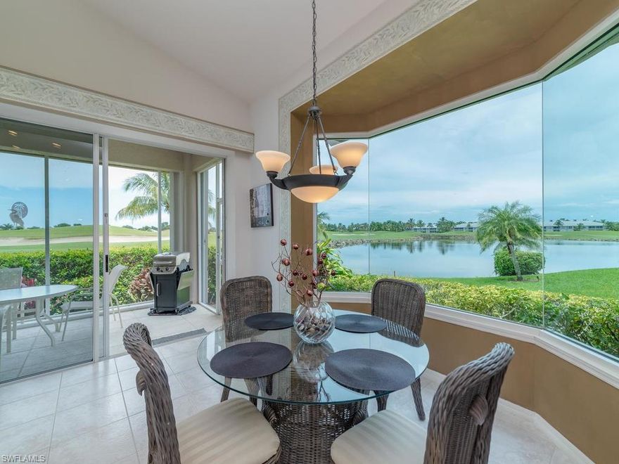 RECENTLY UPDATED with new appliances, wallpaper removal, and painting throughout much of the house.
This courtyard home in the tranquil Chatham Pointe section of Tiger Island Estates is situated on an over-sized lot that offers one of the best views in all of Lely Resort. That is just the beginning, though, as original owners brought the experience of building 100s of homes to bear. Enjoy the south-facing courtyard with its heated pool and fountain or retire to your separate screened lanai with its western exposure and breathtaking lake, sunset, and golf course views. Overnight guests--and you--will appreciate the privacy of the pool cabana.  Motion detector lights, in-wall pest control tube system, landscape lighting, and a combination lock/deadbolt pairing on the front door will add to your peace of mind. The list of recent updates includes a new roof (May 2019), exterior painting, pool refinishing, HVAC compressor, hot water heater, pool heater, garage door, "wood" tile in LR/DR, and kitchen back splash. The award-winning Players Club and Spa is optional but not mandatory with this home.  Home is priced for an unfurnished sale, but the owners will leave ~90% of furnishings.