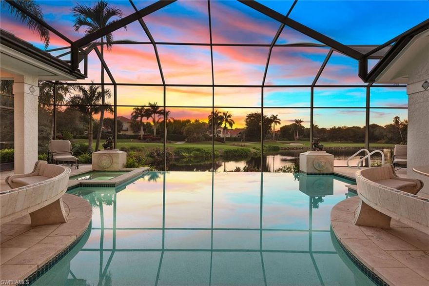 This custom-crafted, spacious 2-story home located in the private gated community of Jamestown in Pelican Bay has a long lake view overlooking the fairway and green of par 3. Masterfully built by D Garrett Construction and designed with a courtyard concept for privacy, the west-facing screened-in lanai allows you to bask in the glowing sunset and enjoy the heated infinity pool and spa. The eat-in kitchen with a large island is open to the family room featuring a gas masonry fireplace. With elegant dining and living rooms, powder room, guest suite, handsome home office with built-in shelves downstairs and 2 more bedrooms, bath and extra-large storage room upstairs. The ground-floor master suite leads out to the pool and features a large walk-in closet, jetted tub, shower and separate, connected pool bath. Three-car garage and 1,000-gallon propane tank for the backup generator gives peace of mind. Jamestown exclusively has only 10 residences with easy access to Mercato, Waterside Shops and Artis—Naples. Enjoy the unrivaled benefits of Pelican Bay, including private beach access, restaurants, watercraft rentals, fitness center, spa and tennis courts, along with golf memberships.