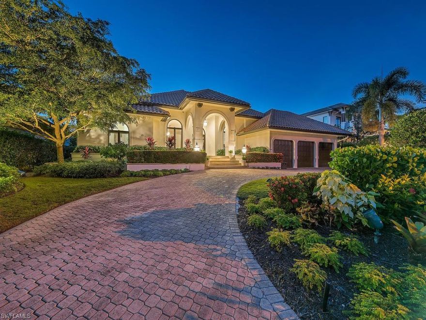 H.13999 -  Venetian Bay with direct WESTERN EXPOSURE & long water views to the southwest, featuring 100 FEET OF WATERFRONT with boat lift & ample dock space to set out for the Gulf of Mexico!   Wide open floor plan and dazzling views of the water from the moment you walk in. The interiors feature as high as 12' ceilings brilliant Travertine marble, Wide plank washed light oak flooring, remodeled baths. Exotic Brazilian Ipe decking coupled with keystone pool and lanai decks enhance the outdoor spaces. Under high, clear cypress tongue and groove ceilings, the lanai offers plenty of room for elegant outdoor dining while taking in the spectacular views.  The rear of the home features step down decking to a tiered garden featuring a stone pathway that meanders under the 40 foot coconut palms. A one family home that has been enjoyed and meticulously maintained.. ready to welcome the next owner!