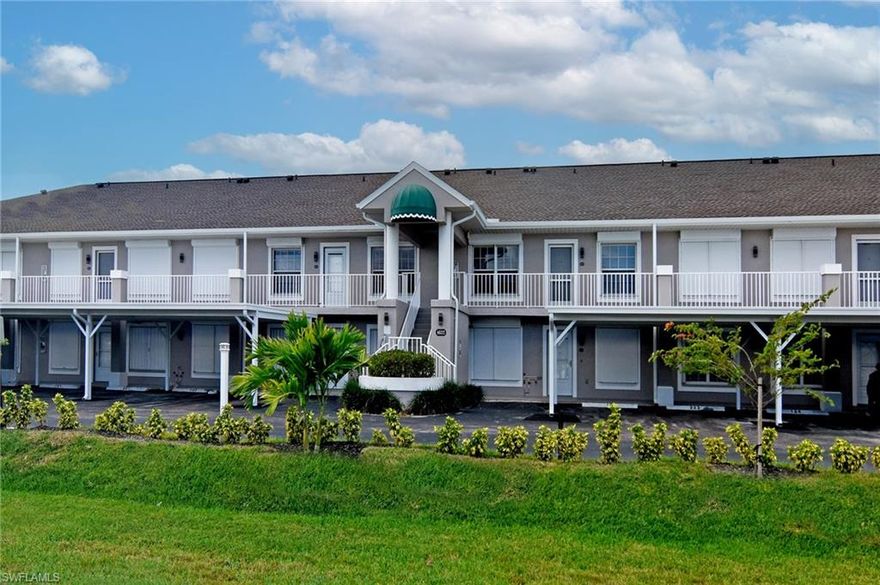 This updated first-floor/end unit condo is nestled in the heart of SW Cape Coral. The open floorplan and abundance of windows creates bright, inviting, spacious living. With a seamless transition between the kitchen, dining area, and living room, this home is designed for effortless entertaining. The modern & tastefully re-designed kitchen is equipped with a stainless-steel LG appliance package, new granite countertops, soft-close cabinets, and a bar area with wine cooler. It's a haven for anyone who loves to cook and entertain. Step out to the patio for enchanting water views that add a touch of serenity to daily living. Whether you're relaxing or enjoying a meal in the dining area, the soothing sights of the water create a tranquil backdrop. This property also features an oversized master bedroom, electric hurricane shutters, updated lighting fixtures, crown molding through-out, a screened patio with large storage closet, and plenty of space to dock your boat! The building has a NEW roof, NEW carport, and tropical landscaping, with all assessments PAID! This is your chance to experience Florida living at its finest. Service & Support Animals are accepted!