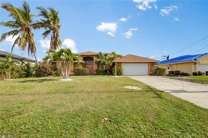 Quick Gulf Access, Pool & Views of intersecting canals &  await you when looking for your new waterfront home with a boat lift. This home is furnished so move right in and start enjoying the waterfront pool lifestyle. Your trip to the river is one bridge & a quick ride. The Double Door entry invites you to bring your family to enjoy this spacious home. Features include lving room/dining area, a family room with windows across the back of the family room to enjoy the great water views. Plenty of room for the big screen TV. A spacious kitchen that opens to the pool area and family room. The kitchen has so much counter space & cabinet space, including a pantry, cenrer island, & pass-through window to serve drinks while enjoying the pool. The largest bedroom has sliding glass doors opening to the pool/patio area, 2 walk-in closets & bath that features double sinks, walk in shower & soaker tub. You will also enjoy an inside laundry, under roof lanai and inviting pool area, the bonus is a pool bath for convenience.  There is central water/sewer & irrigation box & sprinkler- needs to be connected to the irrigation box. This home enjoys a newer roof 2019, newer AC 19 &RE-PIPE