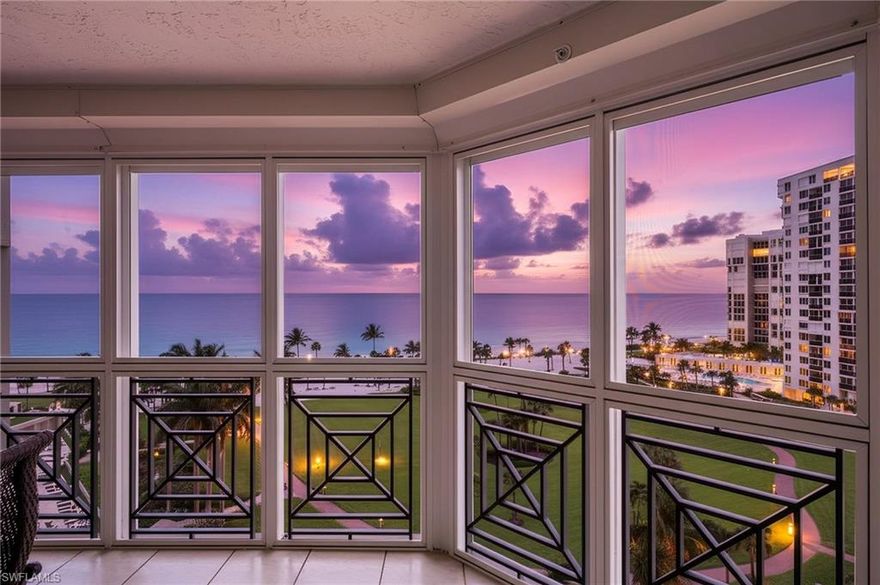 Perfectly positioned on the 8th floor of The Brittany, this meticulously maintained residence presents a rare opportunity to experience refined Gulf-front living. Only two residences on each floor are served by dual elevators & privacy is immediate. Double-door entry reveals a light-filled interior where neutral stone flooring sets the tone for the expansive layout, drawing your eye through the open living spaces to sweeping, unobstructed views of the crystal-blue Gulf waters and sugar-white sandy beaches beyond. The thoughtfully reimagined kitchen has been opened to the great room and den, creating a seamless and highly functional flow ideal for both everyday living and entertaining. The kitchen features white cabinetry, granite countertops, stone backsplash, hardwood flooring, tray ceiling & chandelier. Appliance package includes; KitchenAid French door refrigerator, wall oven & microwave, Bosch dishwasher, electric cooktop, and double sink complete the space, while a generous bar-height counter provides casual dining space. The expansive great room is defined by living/dining spaces, extensive crown molding and connectivity to the outside. The 4 panel sliders open to an oversized west-facing screened lanai, where panoramic Gulf views and breathtaking sunsets become the backdrop to daily living. The adjacent den, finished with hardwood floors, crown molding, and walls of windows, also enjoys direct lanai access and integrates beautifully with the main living areas. Privately situated, the spacious owner’s suite is accessed through a French door vestibule and offers a tranquil retreat with neutral carpeting, lanai access and a custom walk-in closet. The luxurious en-suite bath is appointed with dual marble-topped vanities, a soaking tub with marble surround, walk-in shower, enclosed water closet with bidet and a large picture window capturing serene park and beach vistas. Two additional guest suites provide exceptional comfort and privacy, each featuring en-suite baths, walk-in closets, and access to the eastern screened lanai overlooking Venetian Bay and lush tropical surroundings. Additional highlights include a well-appointed laundry room with granite countertops, white cabinetry, and a newer stackable washer and dryer. Outdoor living is further enhanced by dual lanais—an eastern-facing sunrise terrace and a western-facing sunset lanai—both with tiled flooring, electric shutters, and multiple access points, offering seamless indoor-outdoor living in an unparalleled coastal setting.  Residents of The Brittany enjoy an exceptional array of amenities, including a beachfront pool and spa, social rooms, fitness center, guest suites, 24-hour security and direct beach and boardwalk access. Ideally located within Park Shore, owners are just moments from the upscale waterfront dining and boutique shopping of Venetian Village, where coastal elegance and convenience come together to define the ultimate coastal Naples lifestyle.