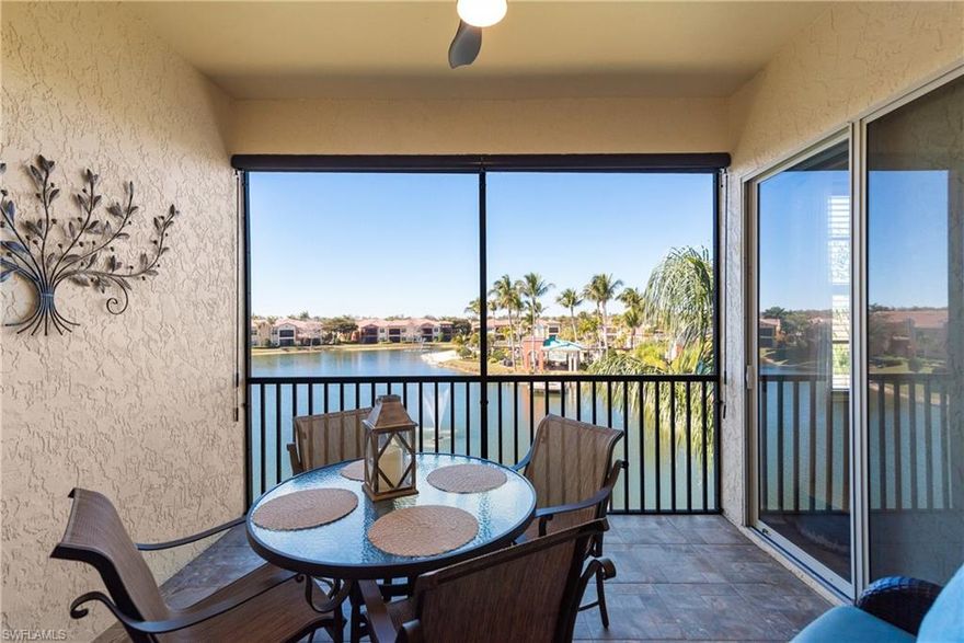 Experience breathtaking sunset views from this THIRD-FLOOR PENTHOUSE terrace condo, overlooking the lake and the lakeside beach at the Club at Rapallo. Relax on your screened lanai and take in the serene water views from this well-maintained condo featuring 10-foot ceilings and abundant natural light.
The fully RENOVATED kitchen showcases elegant quartz countertops, NEW cabinetry, a built-in wine cooler, and NEW LG appliances, including a NEW LG washer and dryer. A tankless water heater adds modern efficiency. The living areas, both bedrooms, and the den are enhanced with Nucore waterproof vinyl flooring with cork backing, along with new base molding, offering both style and durability.
The versatile and enclosed den features a pocket door for privacy, making it ideal as a home office or an additional guest bedroom.
The primary bathroom has been updated with a frameless glass shower door, new Moen faucets, and updated lighting. The guest bathroom features a quartz countertop for a refined finish.
Additional conveniences include close proximity to the elevator and an assigned covered parking space under the building.
Enjoy the exceptional lifestyle offered at Rapallo, ideally located in the heart of Estero. Residents enjoy resort-style amenities including a clubhouse with a social room and catering kitchen, resort-style pool and lap pool, state-of-the-art fitness center, tennis courts, and bocce courts.
Perfectly situated just minutes from Coconut Point Mall, offering premier shopping, dining, and entertainment options, and near the exciting new Woodfield Estero development, bringing even more upscale retail, restaurants, and lifestyle conveniences to the area. This prime location provides easy access to Southwest Florida International Airport and the beautiful Gulf beaches, making it ideal for both seasonal and year-round living.