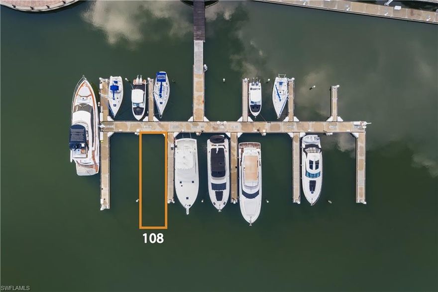 Fantastic Opportunity to Own in the Coveted Esplanade Marina! Located in the heart of Marco Island, this 45-foot boat slip (with a maximum vessel length of 50 feet and 19-foot beam) is just steps from convenient parking—making loading and provisioning your vessel incredibly convenient. Perfect for deeper-draft boats, the slip sits in well-protected waters with quick access to the Gulf, approximately 20 minutes at idle speed. The Esplanade Shoppes, grocery stores, and marine supply stores are all within walking distance, and you'll love the spectacular sunsets from this prime location. Slip amenities include water, Wi-Fi, cable, 50-Amp shore power, pump-out service, gated security, and a dedicated on-site dockmaster. Owners also enjoy access to the Captain’s Lounge with restrooms, showers, and laundry facilities. The floating concrete docks are known for their storm resilience, providing peace of mind. Rentals are allowed, offering great potential for supplemental income when you're not using the slip. Whether you're a seasonal boater or year-round enthusiast, don't miss this chance to own in one of Marco Island’s finest marinas!