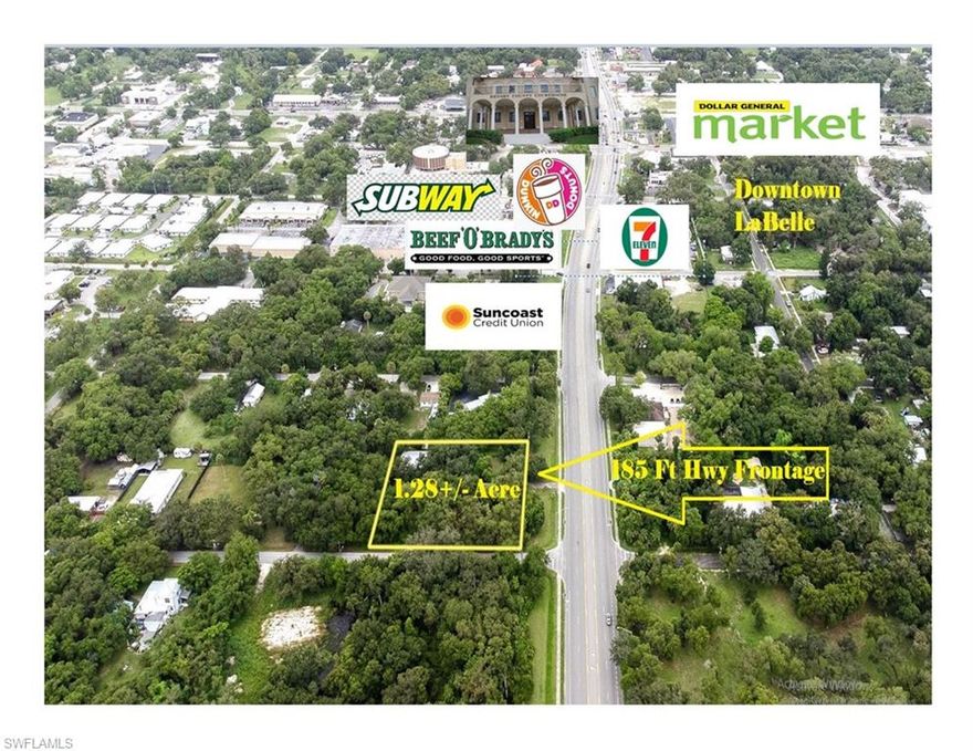Located in the heart of LaBelle and busy SR 80 (which connects Florida's West & East Coasts)! This 1.27+/- acre property has street access on two sides, and access to city utilities. Current zoning allows for offices, retail, restaurants etc! With 184+/- feet of frontage on busy 4 laned State Road 80, and located in the heart of town, and the rapidly growing Port LaBelle Community, this property is prime for development! There is also an older Cracker house on the property that could be possibly renovated into office or retail space, or demolished and build whatever you want! LaBelle commercial land, especially within the growing city is rare.