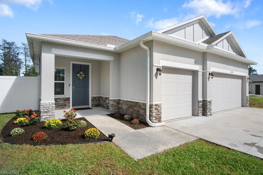 Come take a sneak peek at this delightful 3bed/2bath/3car garage 1713 sq ft single-family home built in 2021. Inviting front entrance for your viewing pleasure with an enclosed fenced yard for your privacy. This open-concept attractive home features porcelain tiles, modern ceiling fans, recessed lighting, quartz countertops, stainless steel appliances, an island, laundry room, carpeted bedrooms, spacious backyard, ample closets and cabinetry. Master bedroom includes his/hers vanity sinks, closets & walk-in shower. It’s perfect for a family who likes their privacy with plenty of room to move around. Plus, the Naples location can’t be beaten. You’ll be close to some of the best shopping, dining, and beaches in all of Florida. So, if you’re looking for a spacious young home in an amazing location, this is the home for you!