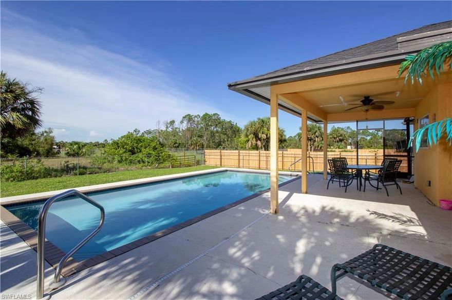 Pool home is the perfect size and price point for the first time homebuyer. A well-constructed, concrete block home, with three generously sized bedrooms and two full baths, laid out in a desirable split floor plan. Master bedroom could easily accommodate a king sized bed and has a walk in closet. Kitchen and living areas open to the covered patio and pool deck. Picture spending your weekends with family and friends, enjoying the outdoors and relaxing in your private pool. The 75ft wide lot does allow access to the back yard around side of the home with room for barn or detached garage. Fenced and gated with paved driveway and parking area. Agents see remarks.