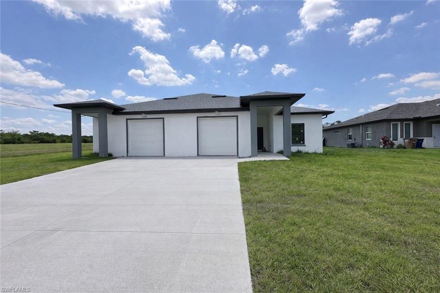 Spacious and modern 3-bedroom, 2-bath duplex with a 1-car garage in Lehigh Acres, conveniently located near Fort Myers and I-75. Each side offers 1,183 sq. ft. of open living space with tall 9’ ceilings, stylish 42” shaker cabinets, stainless steel appliances, wood-style vinyl flooring, remote controlled ceiling fans, and upgraded fixtures. Hurricane-impact windows provide added safety and energy efficiency. Tenant is responsible for well system maintenance through an approved vendor.  BOTH SIDES ARE AVAILABLE