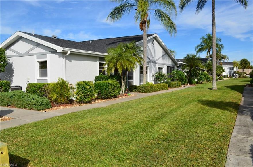 2BR 2 BA in the popular and active 55+ community of Myerlee Gardens. True split bedroom floor plan with pocket door between the vaulted living area and guest suite for complete privacy. Eat in kitchen with formal dining area attaches the master bedroom and dining area to an oversized screened in lanai. Also screened in entry foyer and a deeded covered parking spot. Walk to the Clubhouse with activity area, library, workout room, heated swimming pool and hot tub, BBQ and picnic area, tennis court and shuffle board. Plenty of planned activities or just relax at the pool. On the bus route....Great location close to the beach, shopping, entertainment, restaurants, medical facilities and Doctors offices. The Bass Rd/ Gladiolus public library is right down Gladiolus. Affordable golf and social memberships are available separately at The Myerlee Golf and Country Club.. NO PETS ALLOWED !!!