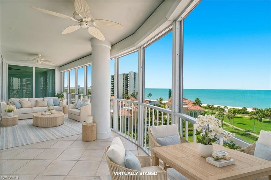 Indulge in the finest of Naples beachfront living at the prestigious Le Ciel Venetian Tower in Park Shore, where timeless sophistication meets sweeping panoramic Gulf views. Rarely available and highly sought after, this desirable 03 stack residence captures breathtaking sunsets from its expansive west facing lanai, creating the perfect setting to relax while enjoying warm Gulf breezes and the tranquil coastal horizon. Offering more than 2,700 square feet of living space, this three-bedroom, three-bathroom condominium is framed by floor to ceiling glass that fills the interiors with natural light and showcases the stunning waterfront backdrop. The spacious primary suite enjoys serene Gulf views and features a generous custom closet with abundant storage, dual vanities, and a separate soaking tub and walk in shower. Designed for both comfort and entertaining, the well-planned layout includes a large kitchen that flows seamlessly into the great room and family room, while guest suites provide privacy and comfort for visitors. Additional features include two secured under building parking spaces, zoned HVAC, electric hurricane shutters, and extra storage. Residents of Le Ciel Venetian Tower enjoy exceptional amenities including a beautifully renovated lobby, gated entry, on site management and security, a beachfront heated pool and spa, tennis courts, a refinished dual level secured parking garage with new epoxy flooring, a fitness center with sauna and steam rooms, a social room, two guest suites, BBQ area, and direct beach access. Ideally located just moments from the boutiques and waterfront dining of The Village on Venetian Bay, the scenic Park Shore Promenade, and available boat slips at the Venetian Bay Yacht Club, this residence offers an extraordinary coastal lifestyle in one of Naples most coveted beachfront communities.