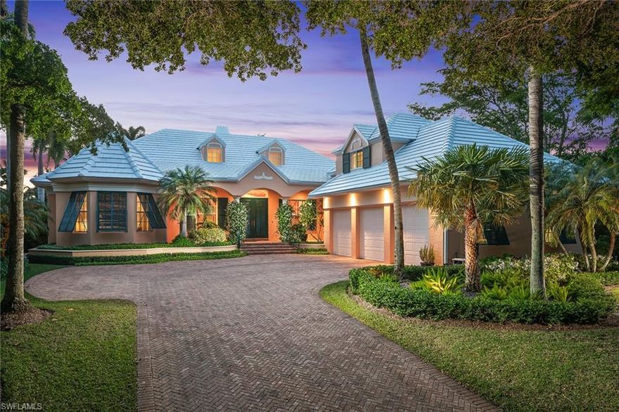 Rarely available Bermuda-style home in the gated enclave of Little Harbour. Spectacular setting for this warm, inviting home. Enjoy glorious sunsets from the spacious lanai and pool area overlooking the lake and fountain. There are four bedrooms and a den/office and 4.5 baths. The floor plan offers the ultimate privacy with two of the bedrooms in a separate guest house overlooking the pool. High ceilings throughout with many windows bringing in lots of light. The kitchen is a gourmet Clive Christian design with Italian Dolomite marble counters. Primary bedroom wing features a large bedroom, two walk-in closets, dual vanities, separate Jacuzzi tub and tile shower. The screened porch overlooks the lanai and pool area. Little Harbour has nine boat docks with access to Naples Bay and the gulf. They can be leased on an annual basis, being repaired now post-Ian. Three-car garage with tile flooring. New roof installed in 2023. The property is eligible for Port Royal Club associate membership.