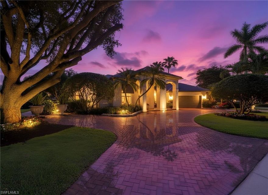 Beautifully sited on a scenic lake lot, this expansive residence in Pelican Marsh offers a refined blend of classic elegance, thoughtful design, and exceptional indoor-outdoor living. An Arthur Rutenberg built classic Floridian styled home.  A covered front entry with double leaded-glass doors opens to a welcoming foyer with diagonal tile flooring, crown molding, and graceful architectural details that continue throughout the home. The well-designed floor plan features formal living and dining spaces, a spacious family room with a custom fireplace and built-in niches, and an impressive den or office with inlaid wood floors, custom cabinetry, tray ceiling, and accent lighting. The gourmet kitchen is both functional and inviting, highlights include granite countertops, stone backsplash, center island, breakfast bar, glass-front display cabinetry, double ovens, five-burner cooktop, and a sunny breakfast nook with lanai access. Multiple sliding doors connect the main living areas to the expansively covered lanai, creating a seamless flow for entertaining. The owner’s suite is a tranquil retreat with a sitting area, plantation shutters, walk-in closets, and private access to the lanai, while the spa-style bath offers dual vanities, soaking tub, walk-in shower, and private water closet. Three additional guest suites provide comfort and privacy, including a generous cabana suite with direct pool access and en-suite bath. Outdoors, the screened lanai is designed for year-round enjoyment with a custom built-in grill that has stacked stone accents, Pecky cypress ceiling, remote-controlled screens, and ample covered dining and lounge areas, all overlooking the pool, sun deck, lush landscaping, and peaceful lake views. Additional highlights include a side-entry two-car garage with epoxy flooring and storage systems, governor’s driveway, State of the art new HVAC systems -8/25, Squared off columns around lanai-as well as electric storm screens around entire covered lanai space, Front elevation updated to include squared off columns, Bermuda styled window shutters and bricked walkways around the side yard, updated roof, and beautifully maintained grounds. Pelican Marsh is one of North Naples’ most sought-after communities, spanning over 2,000 acres with 133 acres of natural preserves and offering an exceptional lifestyle centered around its championship golf course, tennis and pickleball facilities, bocce, state-of-the-art fitness center, spa services, and a vibrant community center with social and cultural programming. Ideally located just minutes from Mercato, Waterside Shops, and Naples’ renowned dining and entertainment, residents also enjoy proximity to sunny white-sand Gulf beaches, making this home a perfect blend of privacy, convenience, and resort-style living.