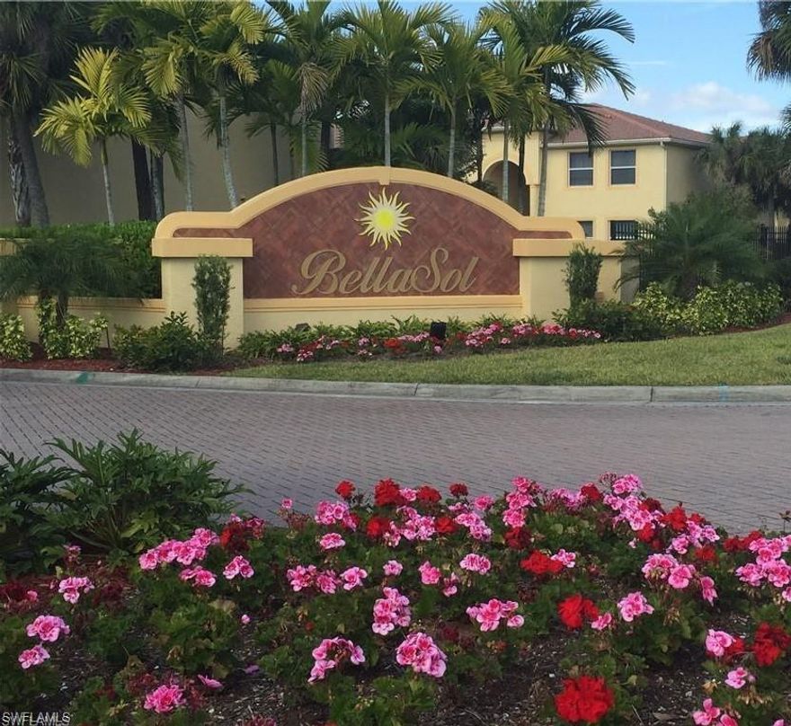 This BELLASOL Beauty is available! Meticulously kept, furnished, ground floor unit is ready for you to just bring in your bathing suits and start to enjoy all it has to offer. Perfect for the first time home buyer or for the family vacation home; the unit shows like a model and is ready for the new owner to enjoy this beautiful property. Features include; split bedroom design with 3 bedrooms 2 bathrooms and a screened in lanai with a fenced in courtyard; so you can sit out in the sun or choose the lanai for extra privacy. Kitchen is equipped with stainless steel appliances, granite counter tops and pantry, Indoor laundry and much more.  The community pool and spa offers you the relaxing time you deserve when ready to unwind. The clubhouse, boasts a full kitchen, library and fitness room. This community is pet friendly which allows up-to two pets w/no weight limit, great for dog lovers. This gated community has a walking night guard for your comfort. The Clubhouse has list of activities if you choose to participate. Unit transfers with one designated parking spot and low HOA fees. This will not last; it is currently the only available furnished unit in the community.