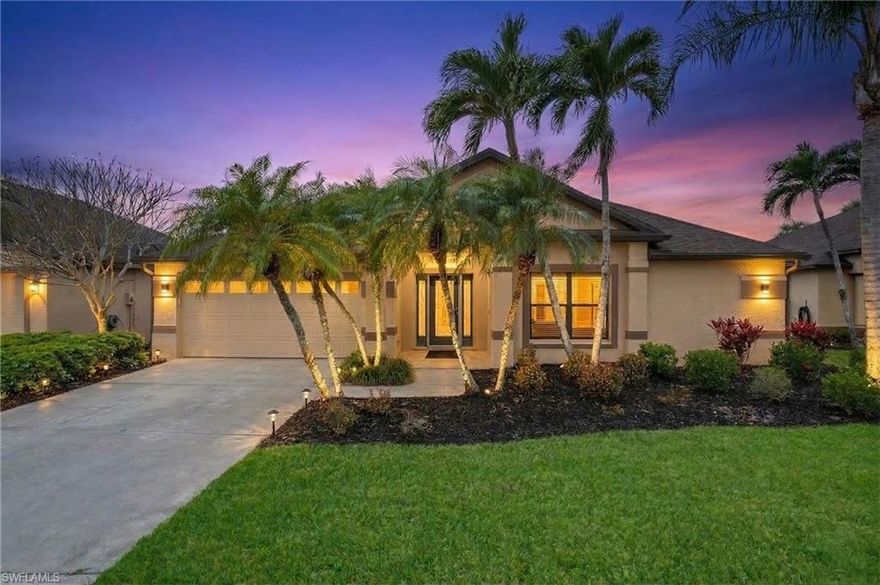 Welcome to Admiralty Yacht & Racquet Club, a hidden gem boating community located directly on the beautiful Caloosahatchee River. Meticulously maintained and move-in ready this spacious one-story home features an open floor plan with 10-foot ceilings, and wood blinds throughout. Open great room floor plan with 2 bedrooms plus office/den. The bright kitchen offers a large pantry, eat-in dining area, and peaceful water views. The oversized primary suite provides plenty of room for a king-size bed and sitting area, along with a large walk-in closet. The spa-style primary bathroom features dual sinks, glass-door shower, and soaking tub.  A third bedroom with French doors and a walk-in closet works perfectly as a guest room, office, or den. Step outside to a large tiled and screened lanai overlooking the water, where you can relax and enjoy views of herons, ducks, and egrets. The home also features a private atrium and additional patio space along with a newer ac condenser and newer appliances.  The two-car garage includes an electric vehicle charging station. Admiralty Yacht & Racquet Club offers outstanding amenities including a community pool, clubhouse, tennis courts, and a fishing pier on the Caloosahatchee River. The location is ideal, just a short drive to the vibrant nightlife and numerous dining options in downtown Ft Myers. Whether you’re looking for a full-time residence, seasonal retreat, or investment opportunity, this property allows for short-term, seasonal, or long-term rentals—making it a flexible opportunity to enjoy the Florida lifestyle.