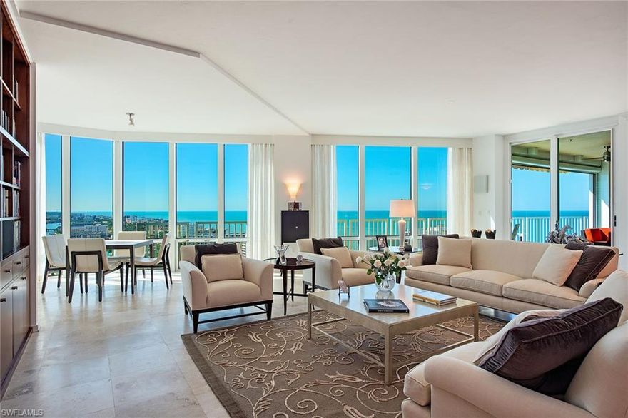 Capture spectacular gulf, Venetian Bay and city views from this southside turnkey penthouse residence! Encompassing over 3,100 square feet of impeccably maintained living space, this home offers a generous-sized living and dining area, a primary bedroom with dual separate baths plus walk-in closets, two guest rooms with one used as a den and two additional full baths. The kitchen features SieMatic cabinetry, top-end appliances and large island. Saturnia flooring throughout. The outdoor space includes a covered area with motorized screen and shutter plus an extended unscreened area with retractable umbrella for sunning and dining. Le Ciel Venetian Tower features floor-to-ceiling walls of glass, 9-foot ceilings and air-conditioned storage outside your front door. Outstanding amenities include gated entry, 24-hour front desk attendant, social room with catering kitchen, updated pool and spa area with grills, fitness room with sauna and steam rooms, tennis courts, resident manager, additional storage and two guest suites. Visit Venetian Village for shopping and dining. Boat docks available for lease or sale across the street based on availability.