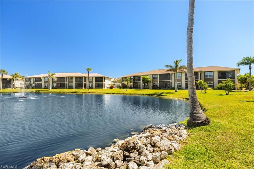 Beautiful lake views and close proximity to the pool make this one of the most coveted buildings in the community. This exceptionally updated second floor unit is being sold turnkey and is ready to be your new Florida home. The kitchen features white shaker style wood cabinets, a movable island, and a tray ceiling. Large format rectangular tile is used throughout, other than in the carpeted bedrooms. New roof, AC and water heater since 2022. All buildings at Davis Lake overlook an expansive lawn, large lake with fountains, and the waterfront pool area. It is picturesque and inviting. Tranquil and tropical, this resort-like setting welcomes you to Southwest Florida with every visit... it is resort experience that feels like home.  Close to the incredible beaches of Sanibel, Captiva, and Fort Myers Beach, Davis Lake offers an amazing near- beach location while also close to shopping, dining, golf, boating, and less than 30 minutes drive to the airport. Convenience and experience combine to make this a truly exceptional offering at an unbeatable price. Make 824 your Southwest Florida home before someone else does!